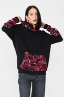 Kadın Kapüşonlu Sweatshirt – Kırmızı / Floral Detaylı