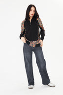 Kadın Fermuarlı Sweatshirt – Siyah / Desen Panelli