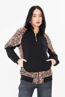 Kadın Fermuarlı Sweatshirt – Siyah / Desen Panelli