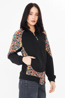 Kadın Fermuarlı Sweatshirt – Siyah / Desen Panelli